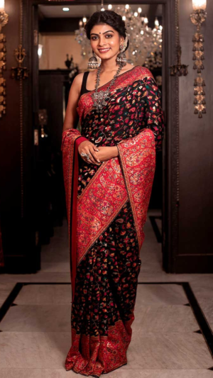 Woven Bollywood Cotton Blend Saree (BLACK)
